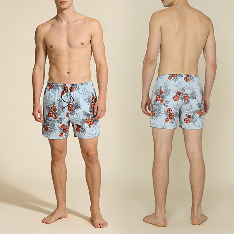 Pantaloncini da uomo Olivenorma con stampa di foglie di palma e ibisco tropicale, coulisse e asciugatura rapida. - image 5