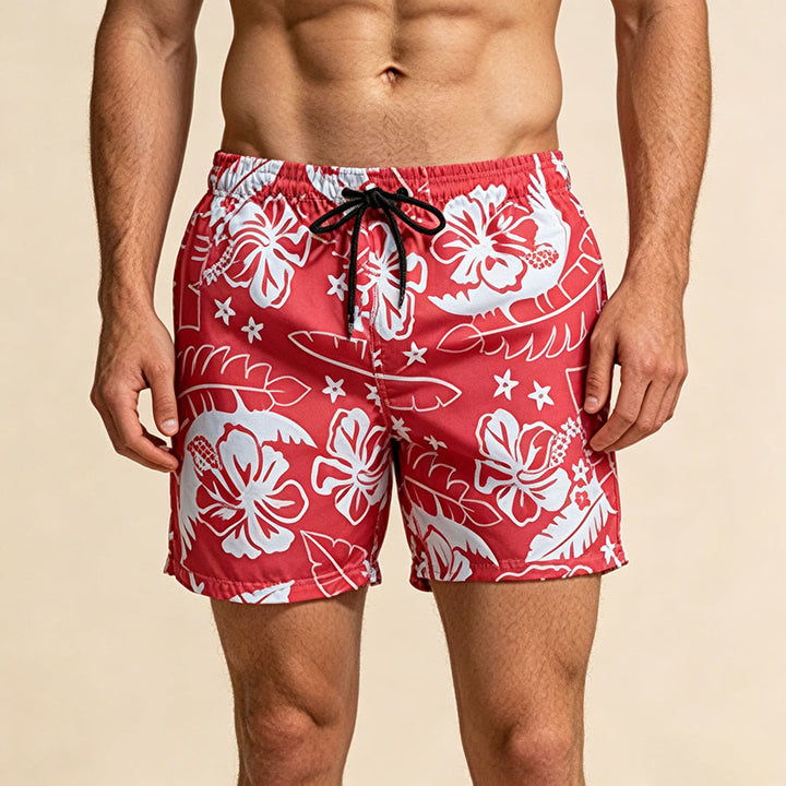Pantaloncini da uomo Olivenorma Resort Style con motivo floreale di ibisco, traspiranti e dalla vestibilità ampia. - Rosso - 2XL - image 0