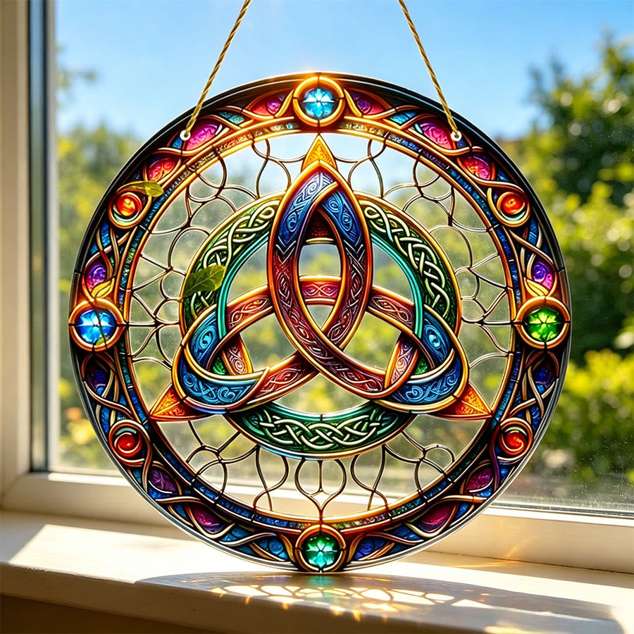Olivenorma, decorazione per finestra in vetro colorato con gemma sacra celtica Triquetra, acchiappasole 2D. - 30 cm * 30 cm - image 0