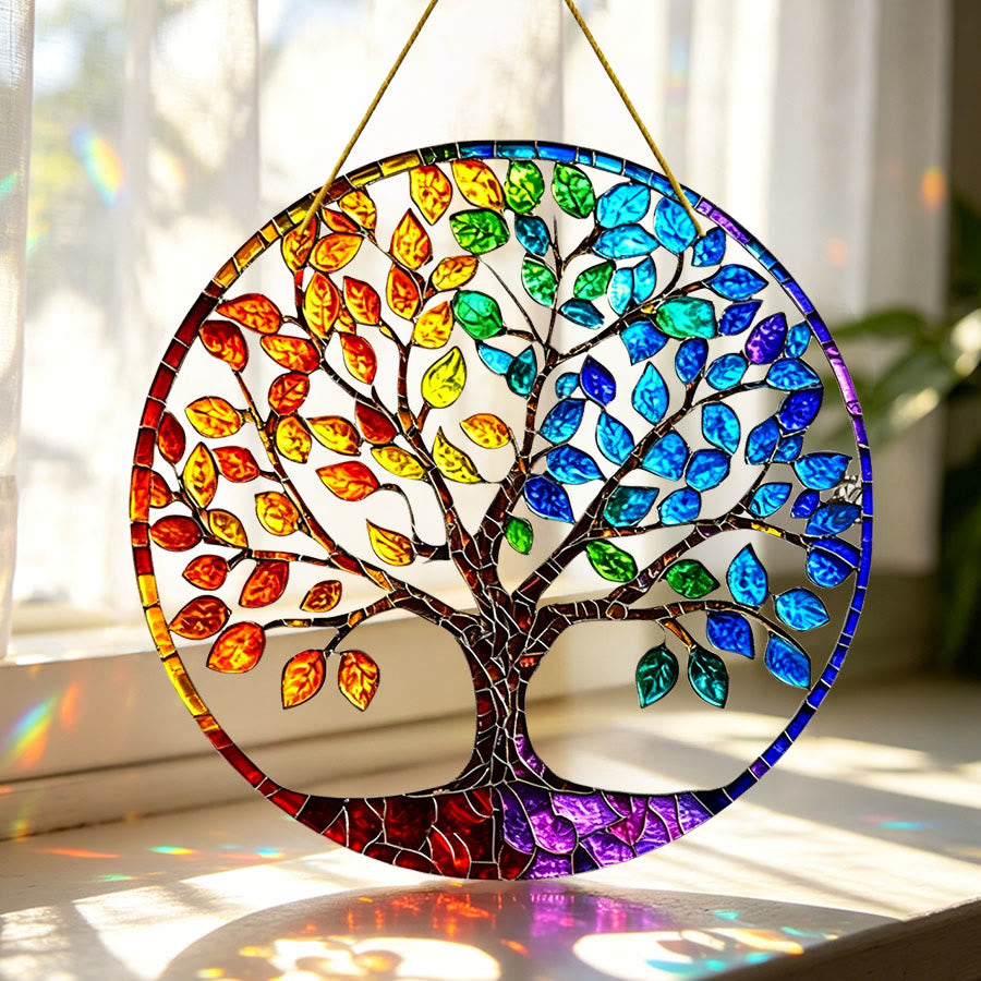 Albero della vita con fogliame stagionale sfumato Olivenorma , acchiappasole 2D in vetro colorato da appendere alla finestra. - 30 cm * 30 cm - image 0