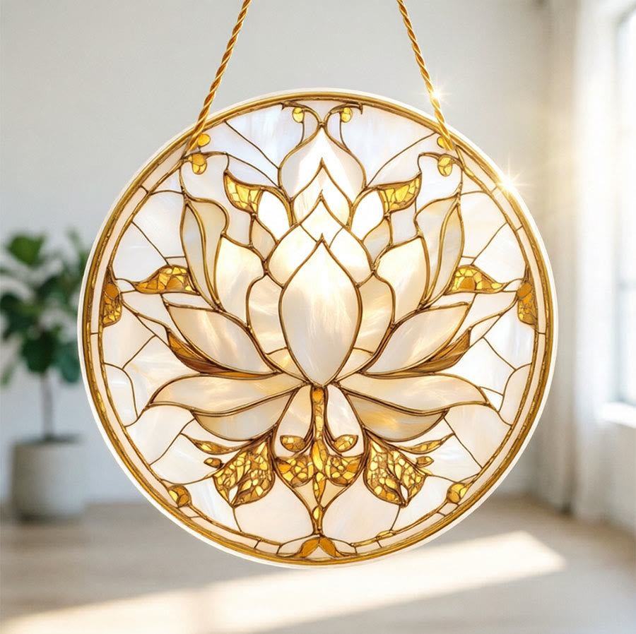 Olivenorma Decorazione murale spirituale minimalista bohémien con loto in fiore, acchiappasole 2D in vetro colorato - 30 cm * 30 cm - image 0