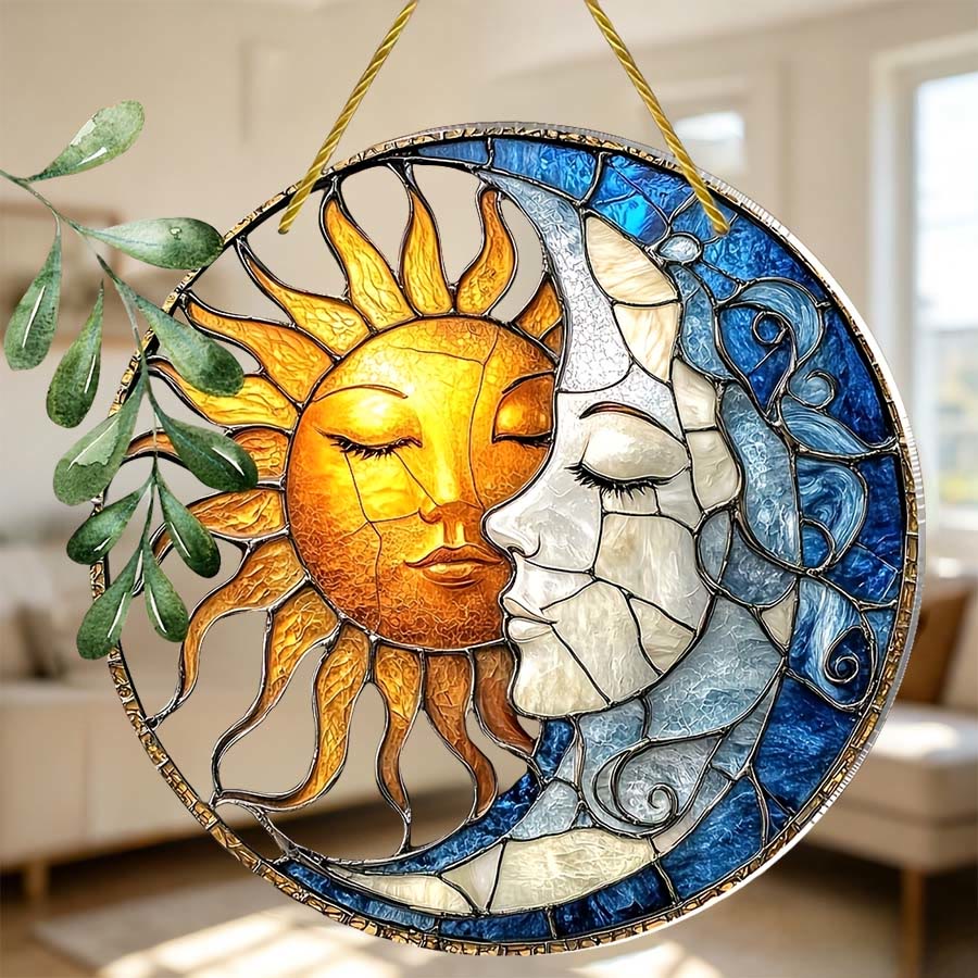 Olivenorma Vintage Bohemian Sun & Moon Face Celestial Window Hanging 2D Colorful Glass Sun Catcher - 30 cm * 30 cm - image 0