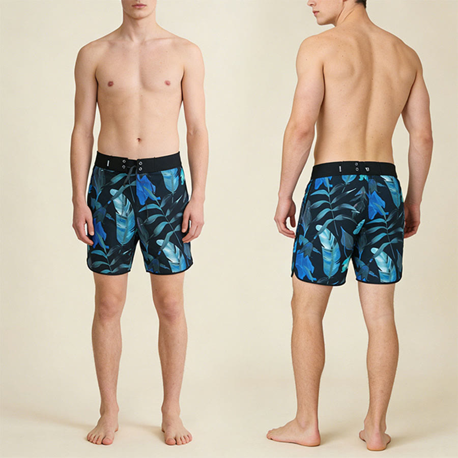 Pantaloncini da uomo comodi e larghi Olivenorma Outdoor Surf Style con stampa di foglie tropicali. - image 4
