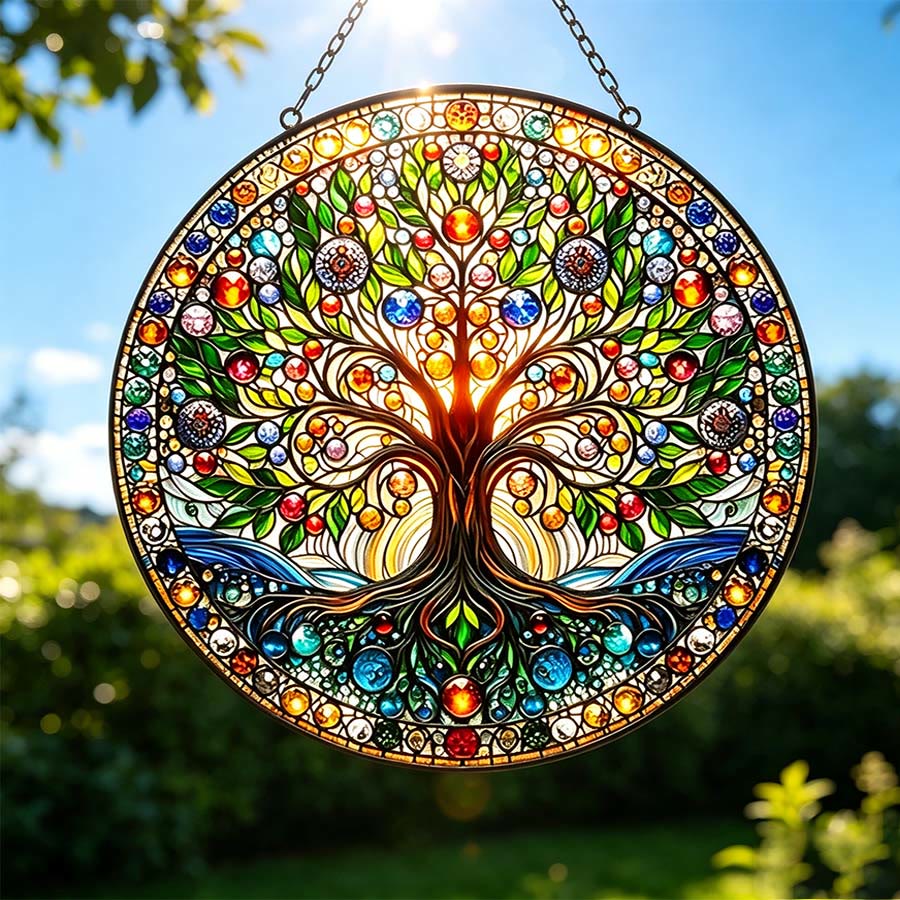 Olivenorma Vintage Sacred Life Tree Root & Foliage Round Window 2D Colorful Glass Catcher - 30 cm * 30 cm - image 0