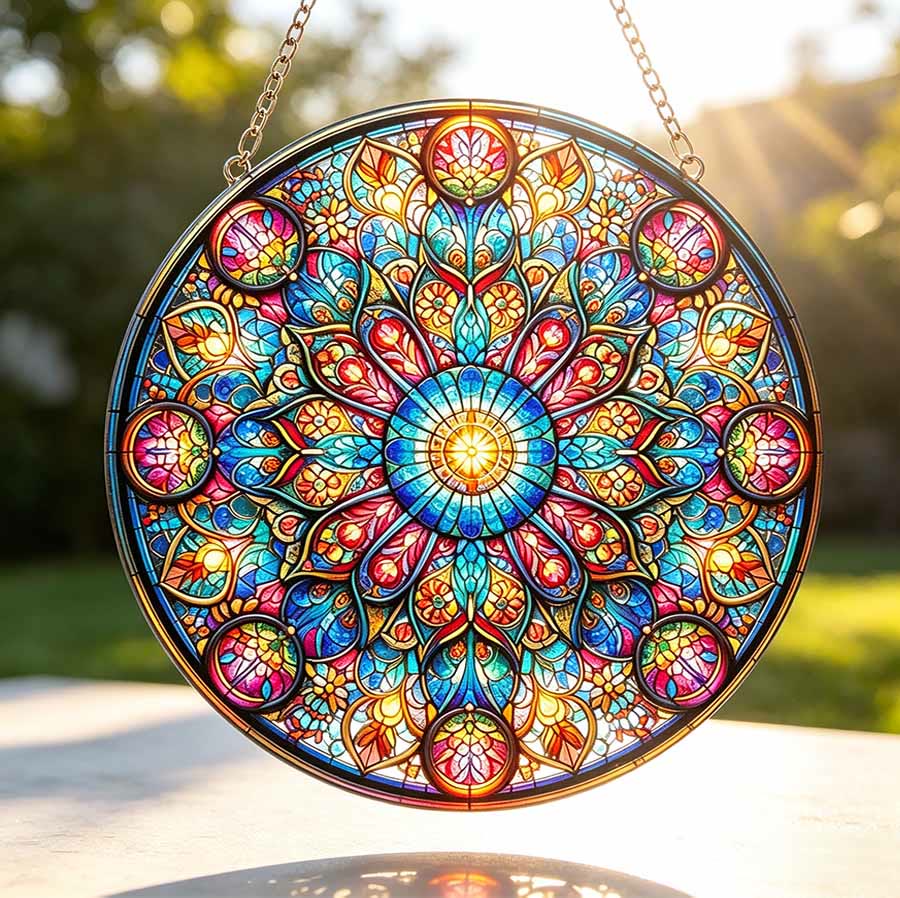 Olivenorma Mandala floreale simmetrico a strati Geometria sacra Acchiappasole in vetro colorato 2D - image 2