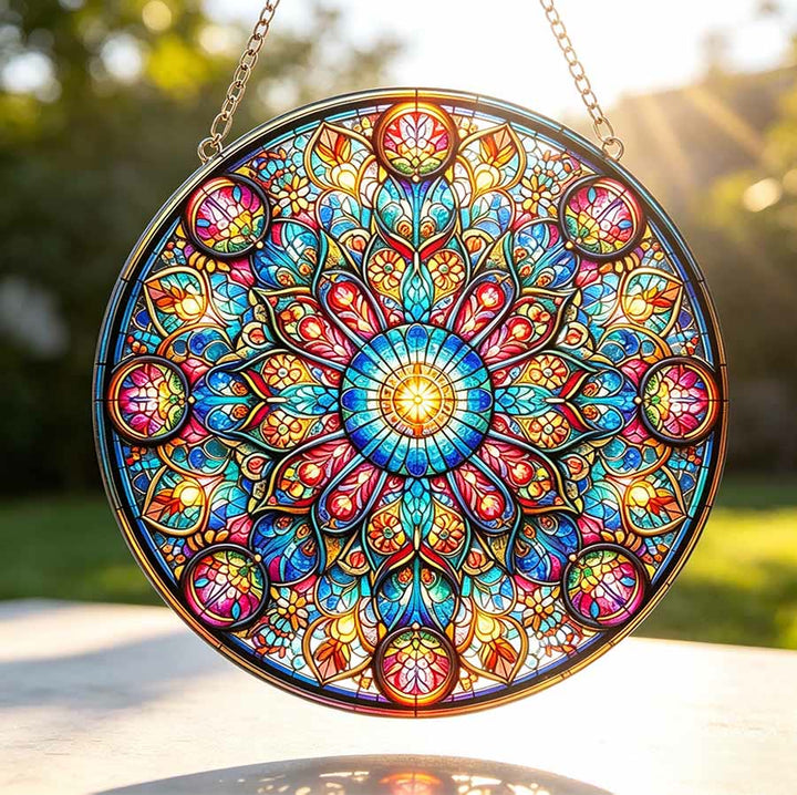 Olivenorma Mandala floreale simmetrico a strati Geometria sacra Acchiappasole in vetro colorato 2D - image 2