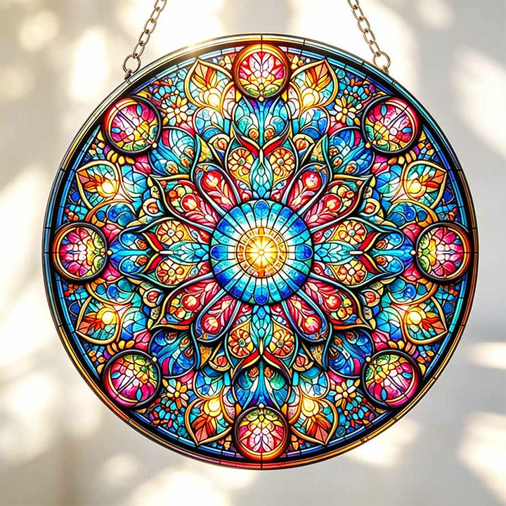 Olivenorma Mandala floreale simmetrico a strati Geometria sacra Acchiappasole in vetro colorato 2D - image 3