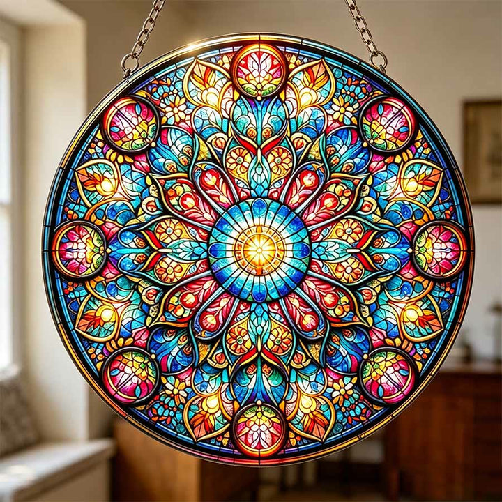 Olivenorma Mandala floreale simmetrico a strati Geometria sacra Acchiappasole in vetro colorato 2D - 30 cm * 30 cm - image 0