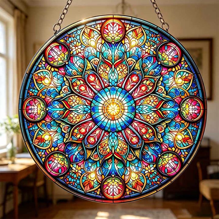 Olivenorma Mandala floreale simmetrico a strati Geometria sacra Acchiappasole in vetro colorato 2D - image 1