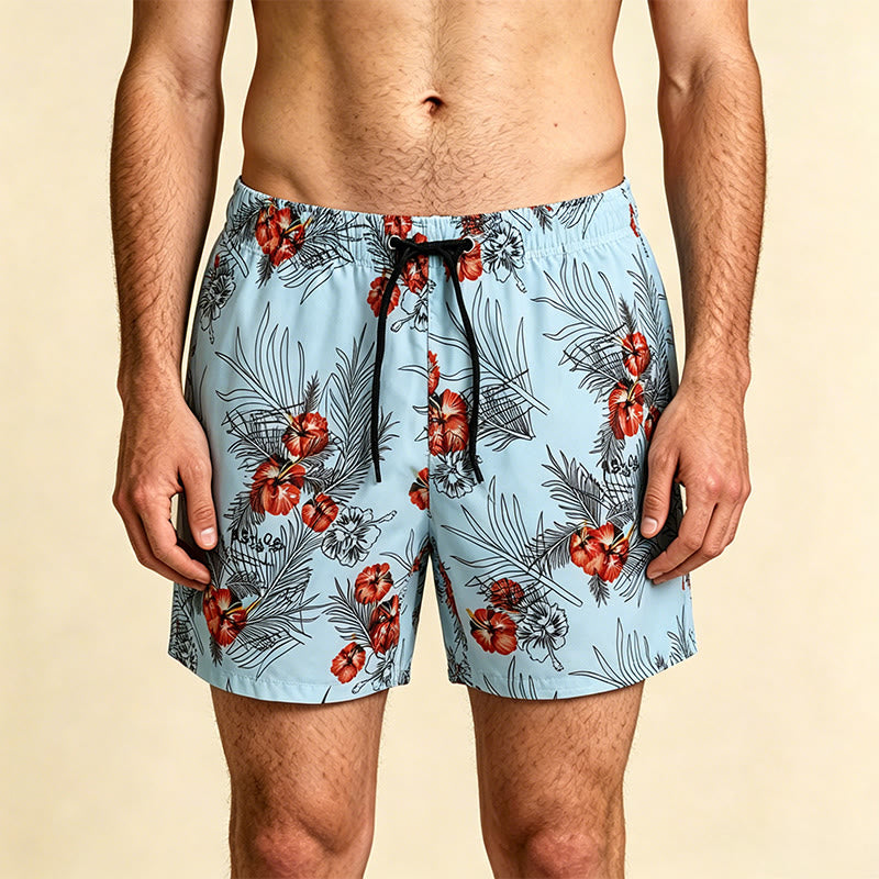 Pantaloncini da uomo Olivenorma con stampa di foglie di palma e ibisco tropicale, coulisse e asciugatura rapida. - Blu - 2XL - image 0