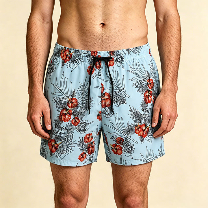 Pantaloncini da uomo Olivenorma con stampa di foglie di palma e ibisco tropicale, coulisse e asciugatura rapida. - Blu - 2XL - image 0