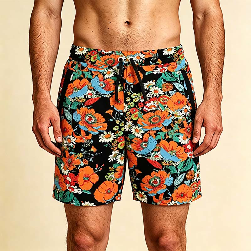 Pantaloncini da uomo Olivenorma neri con stampa floreale di papaveri e margherite, coulisse e asciugatura rapida. - Nero e Floreale - 5XL - image 0