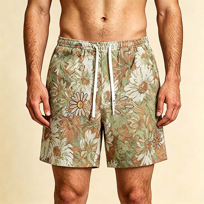 Pantaloncini da uomo Olivenorma , vestibilità ampia, con stampa a margherite e ricami in stile vintage. - Verde - 5XL - image 0