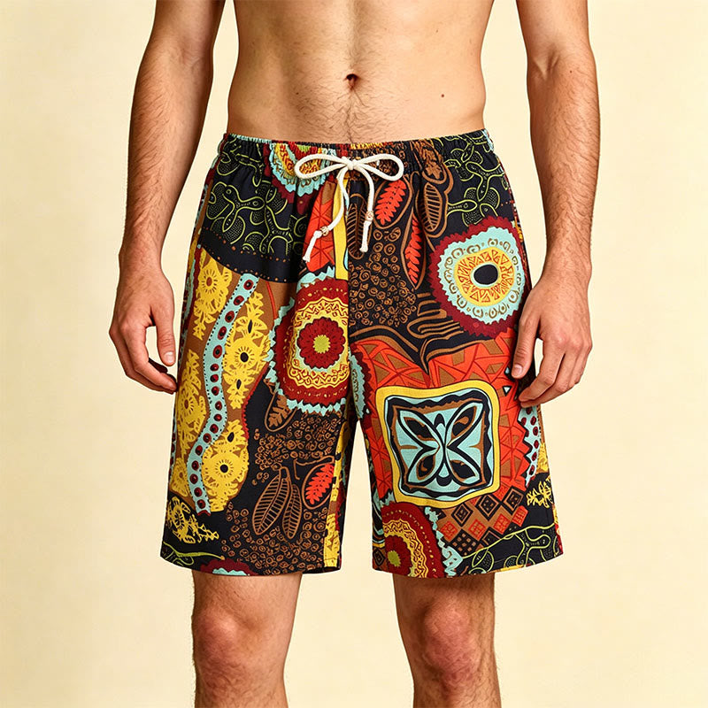 Pantaloncini da uomo Olivenorma con stampa geometrica floreale etnica tribale africana, elastico in vita e coulisse, vestibilità ampia. - Tribale africano - Taglia unica (55 kg-95 kg) - image 0