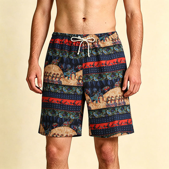 Pantaloncini da uomo Olivenorma a righe multicolore con stampa tribale del sud-est asiatico, ideali per vacanze al mare e tempo libero. - Strisce multicolore - Taglia unica (55 kg-95 kg) - image 0