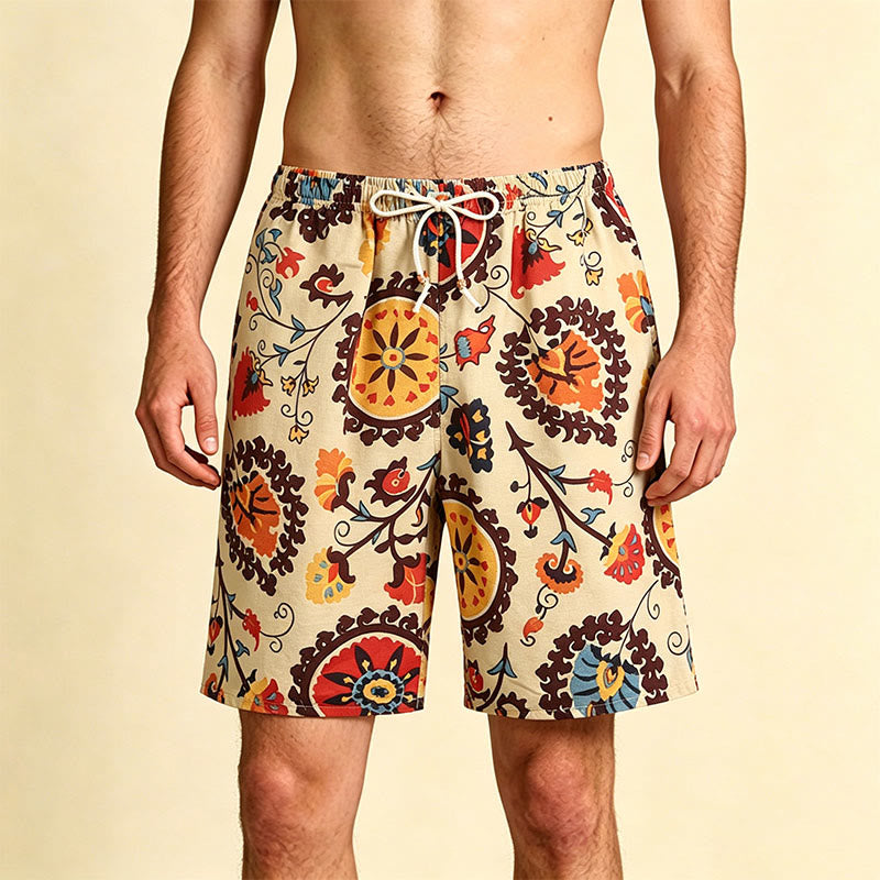 Pantaloncini da uomo Olivenorma Ethnic Medallion con stampa floreale, elastico in vita e coulisse, vestibilità ampia. - Giallo - Taglia unica (55 kg-95 kg) - image 0