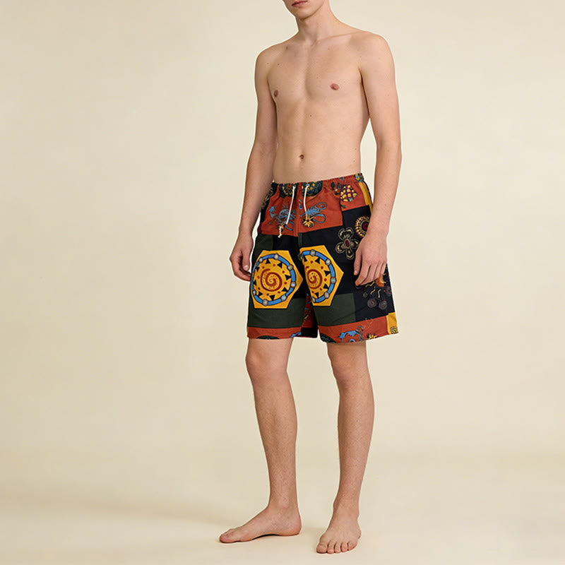 Pantaloncini da uomo Olivenorma con stampa geometrica mandala e patchwork tribale africano, coulisse e vestibilità ampia. - image 3