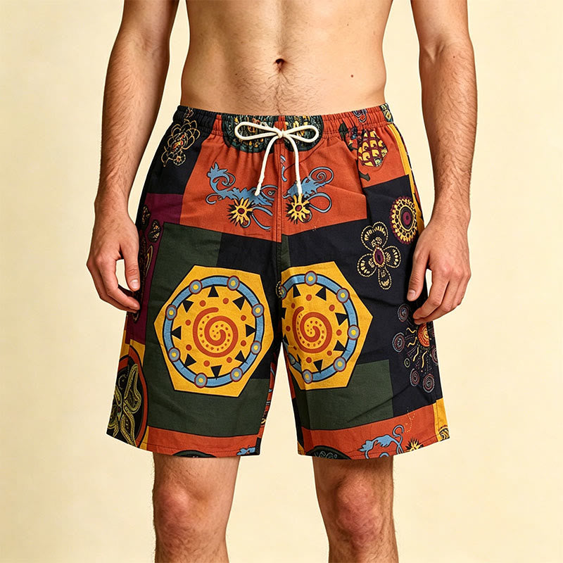 Pantaloncini da uomo Olivenorma con stampa geometrica mandala e patchwork tribale africano, coulisse e vestibilità ampia. - Blocco di colore - Taglia unica (55 kg-95 kg) - image 0
