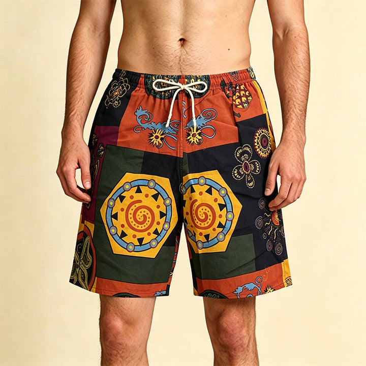 Pantaloncini da uomo Olivenorma con stampa geometrica mandala e patchwork tribale africano, coulisse e vestibilità ampia. - Blocco di colore - Taglia unica (55 kg-95 kg) - image 0