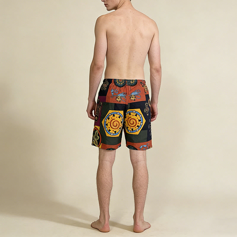 Pantaloncini da uomo Olivenorma con stampa geometrica mandala e patchwork tribale africano, coulisse e vestibilità ampia. - image 4
