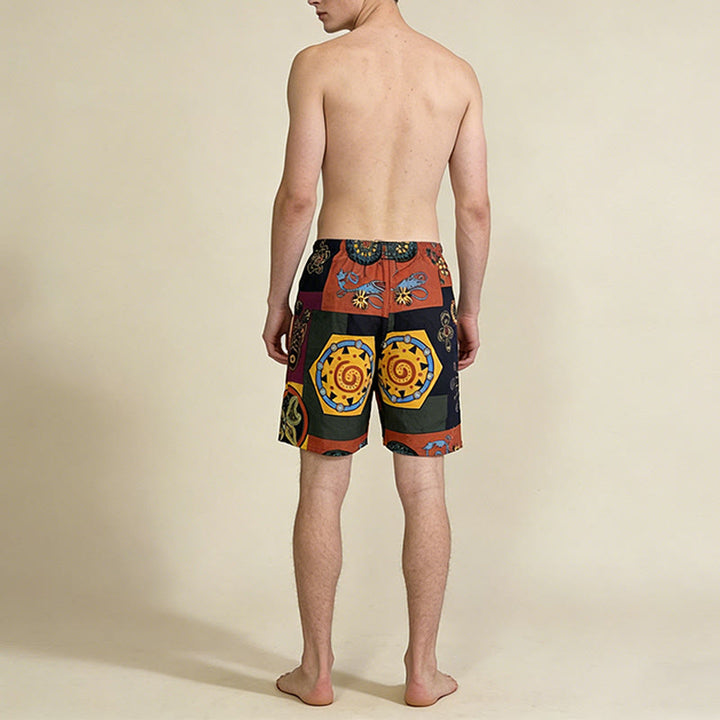 Pantaloncini da uomo Olivenorma con stampa geometrica mandala e patchwork tribale africano, coulisse e vestibilità ampia. - image 4