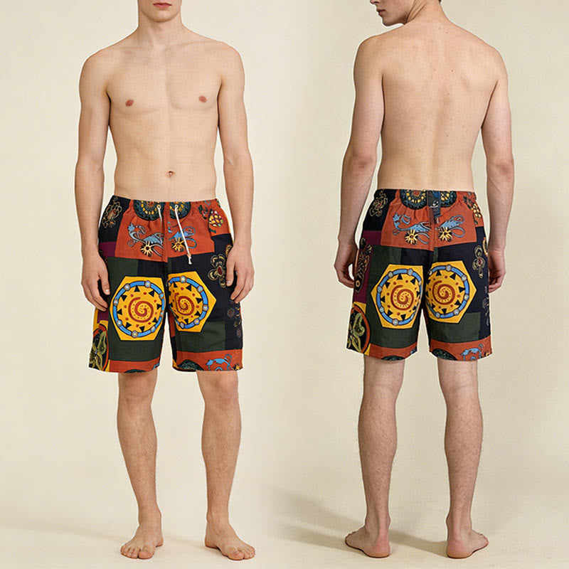 Pantaloncini da uomo Olivenorma con stampa geometrica mandala e patchwork tribale africano, coulisse e vestibilità ampia. - image 5