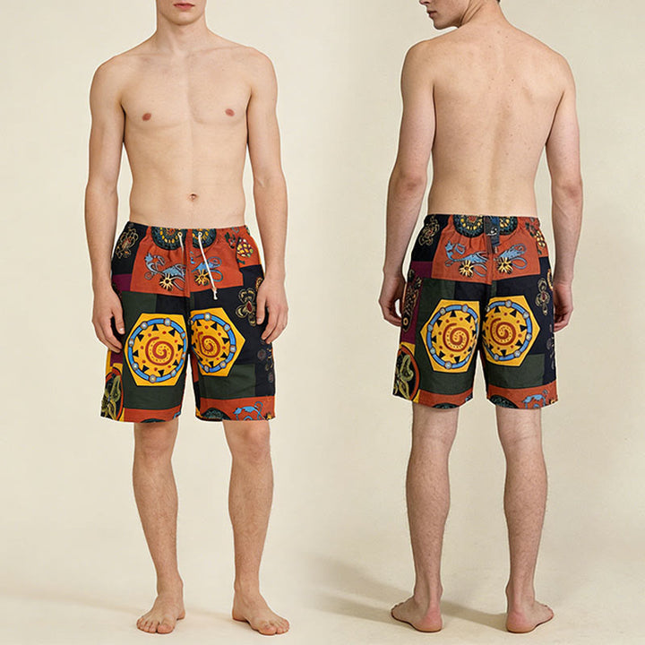 Pantaloncini da uomo Olivenorma con stampa geometrica mandala e patchwork tribale africano, coulisse e vestibilità ampia. - image 5
