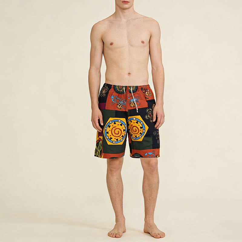 Pantaloncini da uomo Olivenorma con stampa geometrica mandala e patchwork tribale africano, coulisse e vestibilità ampia. - image 1