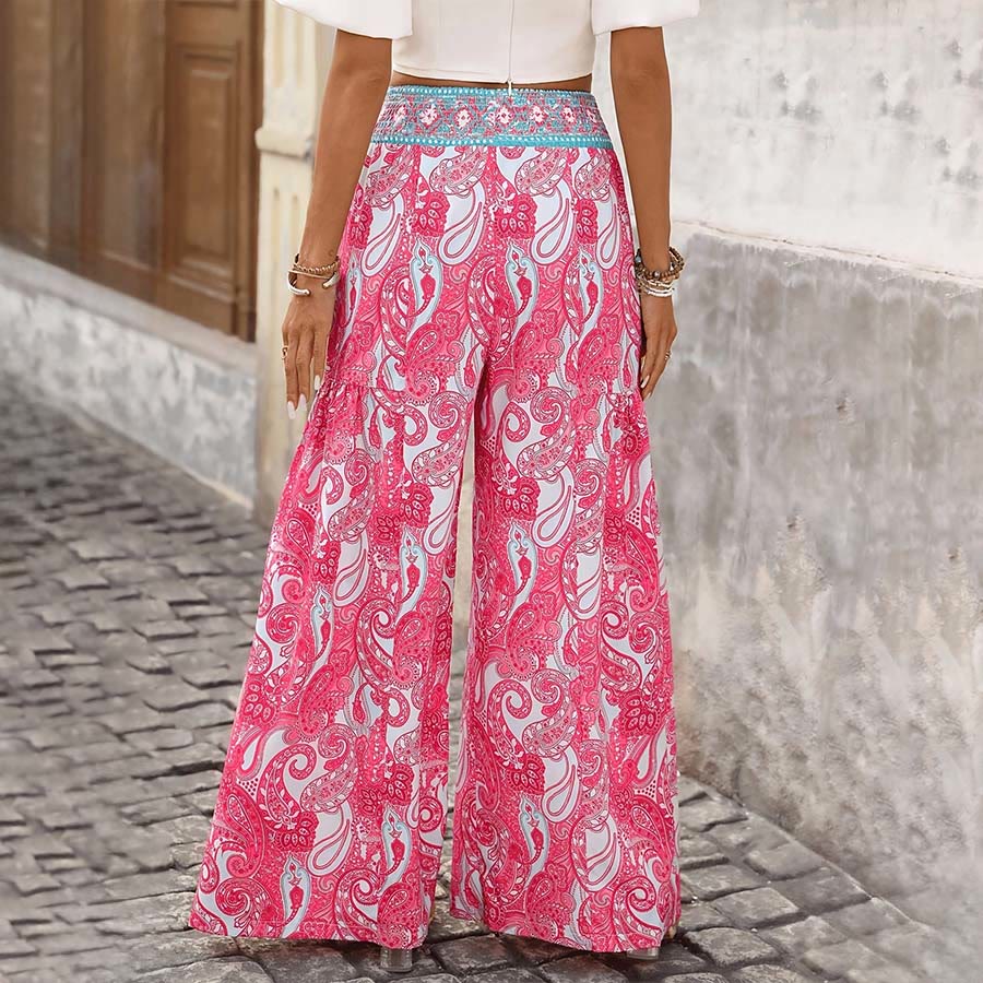 Pantaloni da donna Olivenorma Boho con stampa paisley, vita alta e gamba larga, con arricciature. - Rosa - XL - image 0