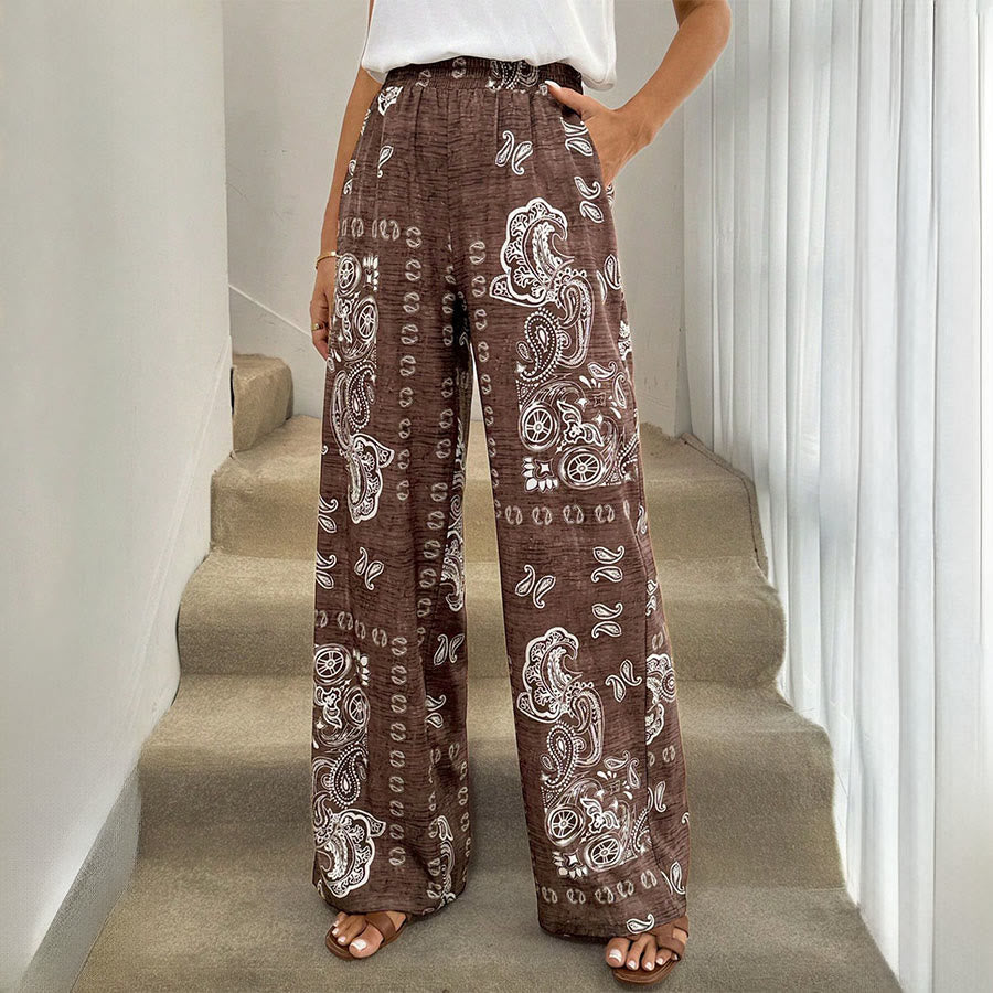 Pantaloni da donna Olivenorma Retro Paisley Bandana Print con elastico in vita e gamba larga. - Marrone - XL - image 0
