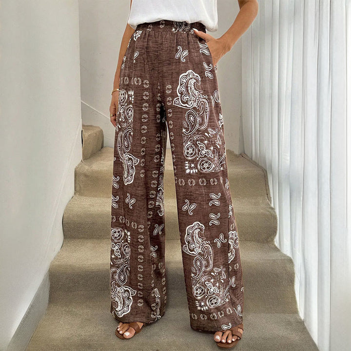 Pantaloni da donna Olivenorma Retro Paisley Bandana Print con elastico in vita e gamba larga. - Marrone - XL - image 0