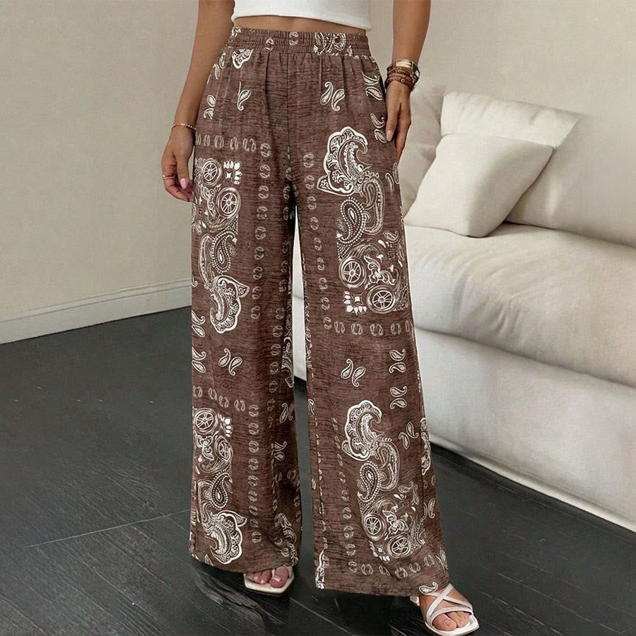 Pantaloni da donna Olivenorma Retro Paisley Bandana Print con elastico in vita e gamba larga. - image 2