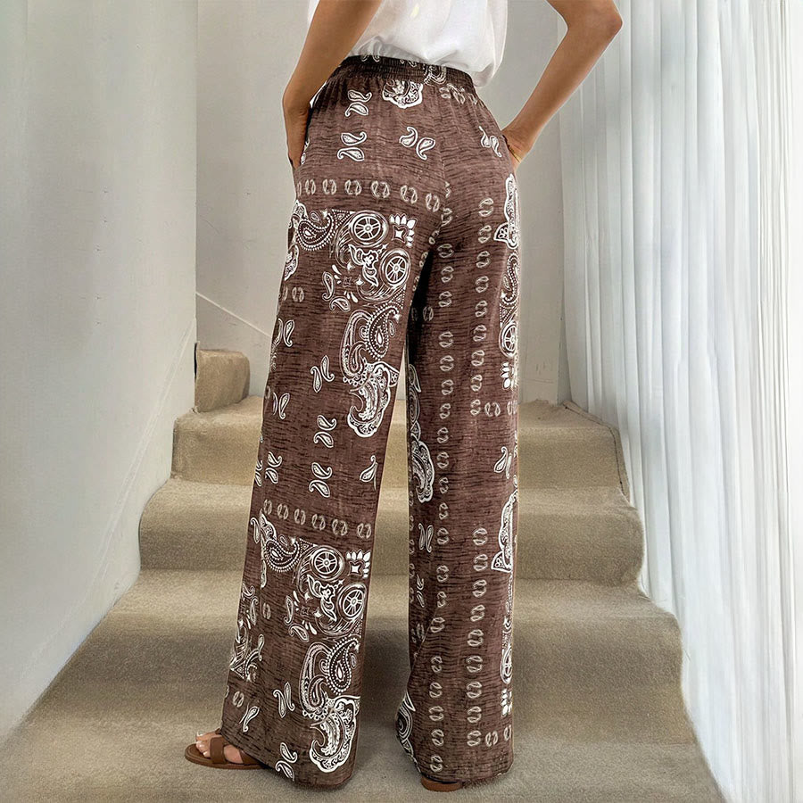 Pantaloni da donna Olivenorma Retro Paisley Bandana Print con elastico in vita e gamba larga. - image 4
