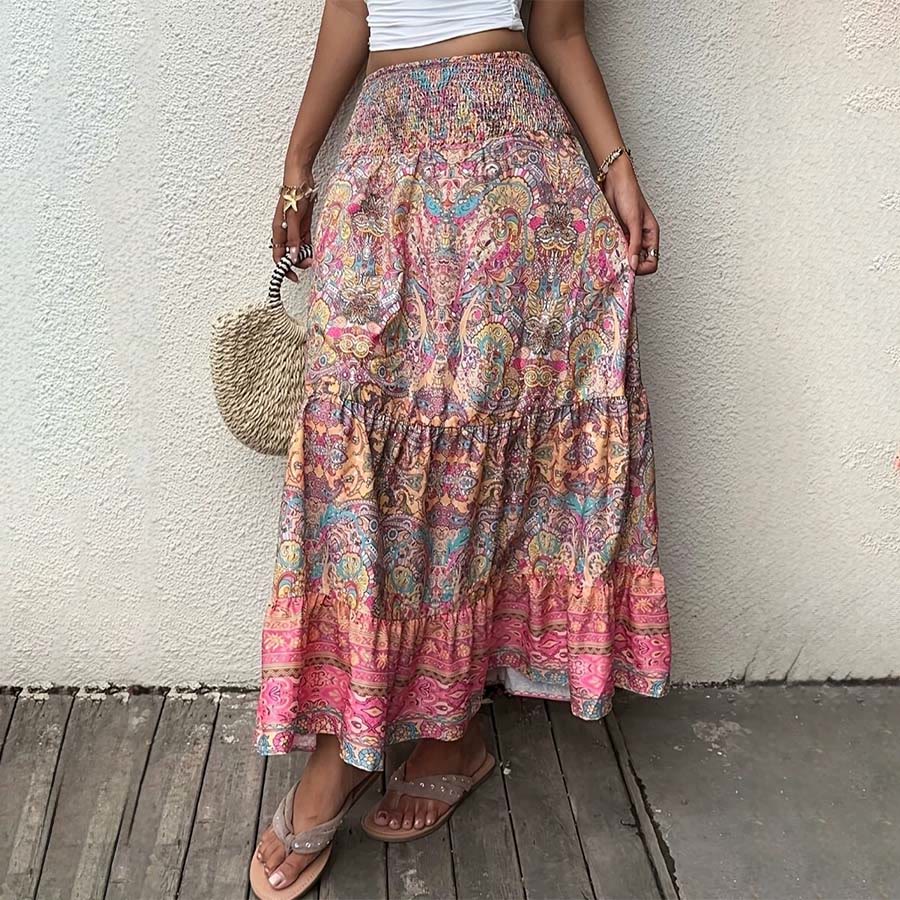 Abito lungo da donna Olivenorma con stampa paisley bohémien, vita alta e balze. - Rosa - XL - image 0