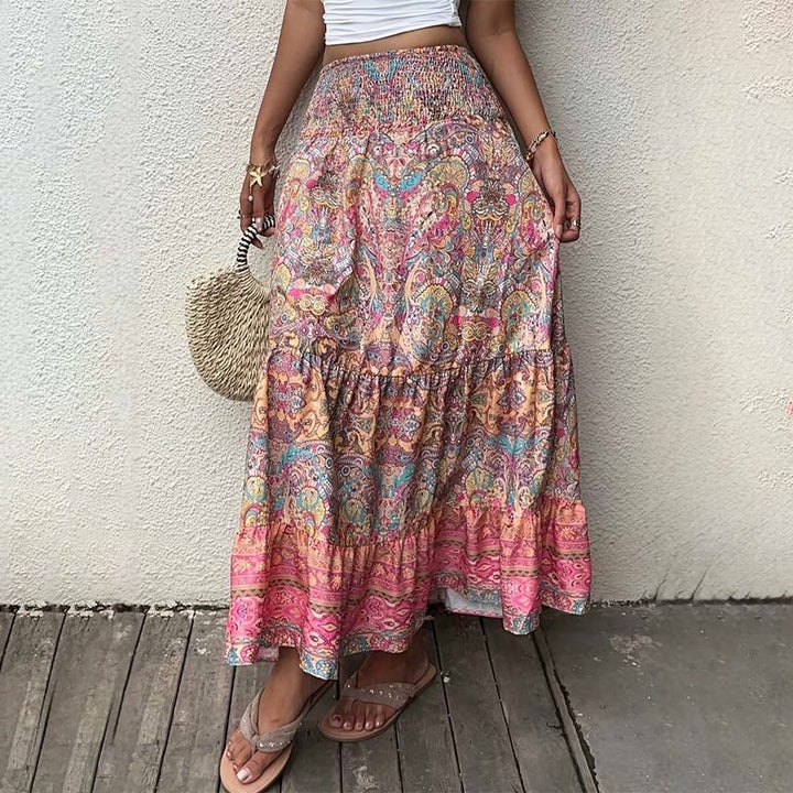 Abito lungo da donna Olivenorma con stampa paisley bohémien, vita alta e balze. - Rosa - XL - image 0