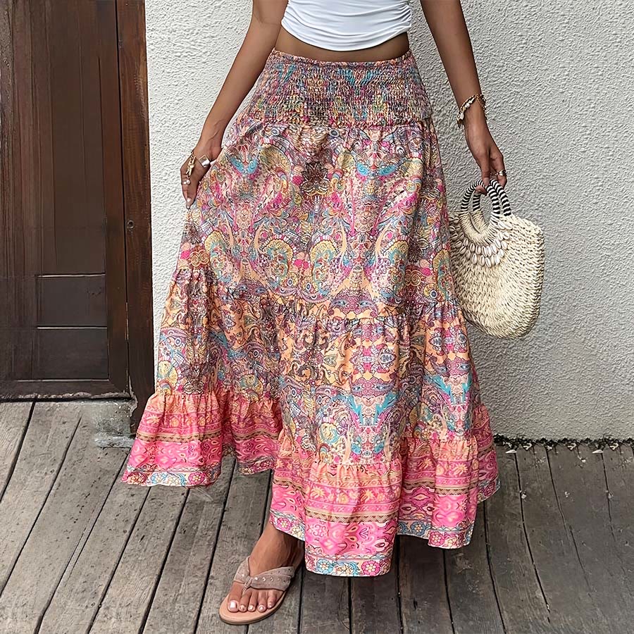 Abito lungo da donna Olivenorma con stampa paisley bohémien, vita alta e balze. - image 3