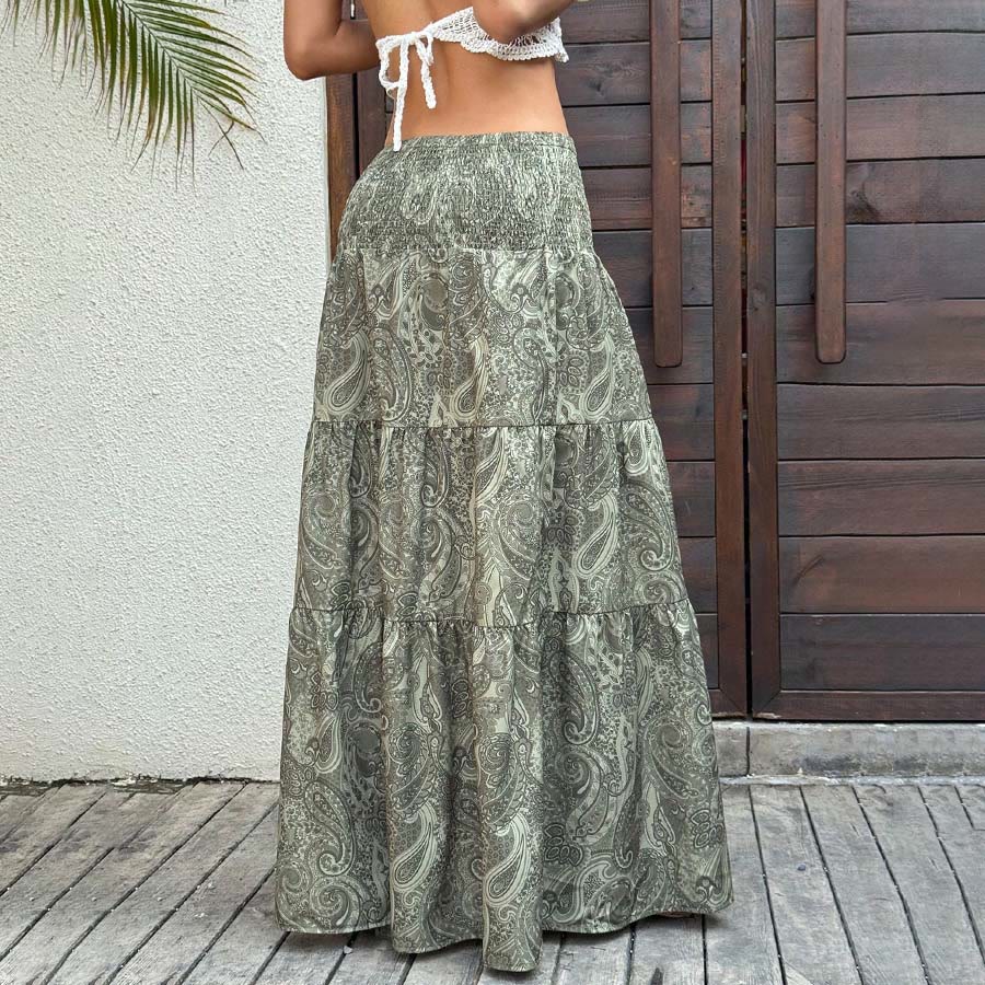 Abito lungo da donna Olivenorma Resort con stampa paisley, vita alta e balze. - image 6