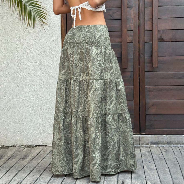 Abito lungo da donna Olivenorma Resort con stampa paisley, vita alta e balze. - image 6