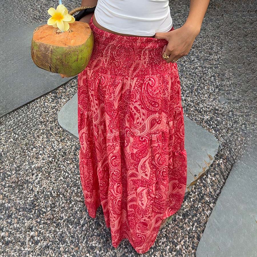 Abito lungo da donna Olivenorma Resort con stampa paisley, vita alta e balze. - image 12