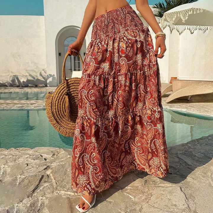 Abito lungo da donna Olivenorma Resort con stampa paisley, vita alta e balze. - image 1