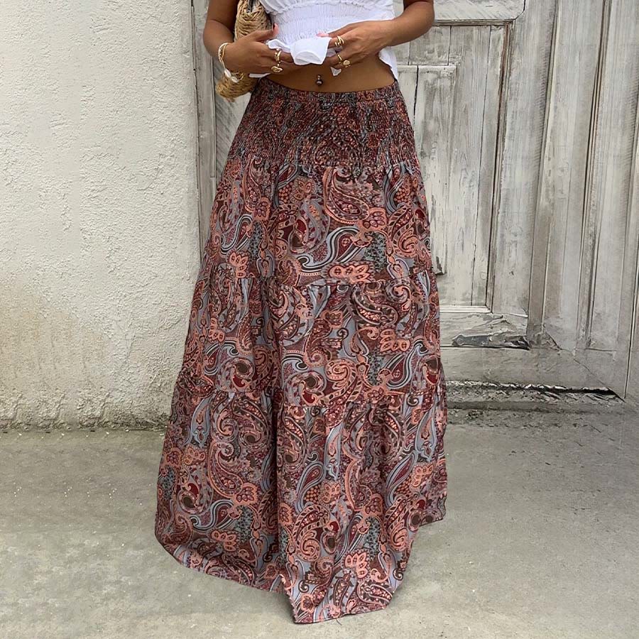 Abito lungo da donna Olivenorma Resort con stampa paisley, vita alta e balze. - image 26