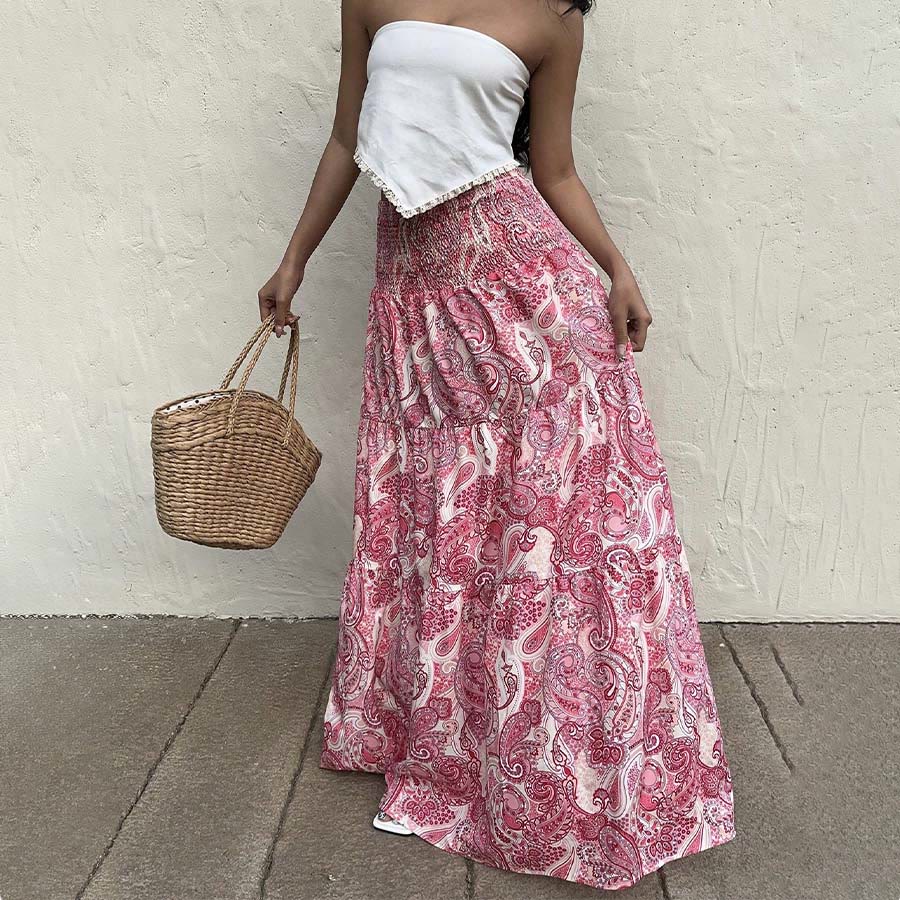 Abito lungo da donna Olivenorma Resort con stampa paisley, vita alta e balze. - image 16