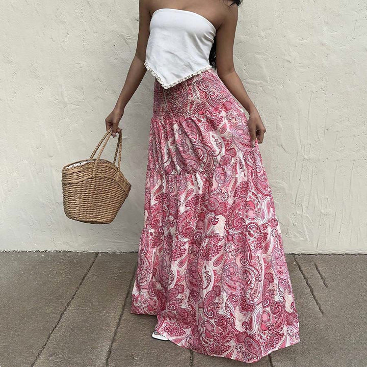 Abito lungo da donna Olivenorma Resort con stampa paisley, vita alta e balze. - image 16