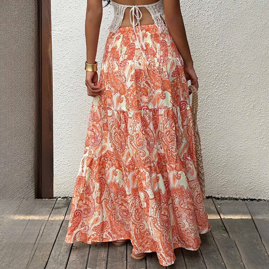 Abito lungo da donna Olivenorma Resort con stampa paisley, vita alta e balze. - image 23