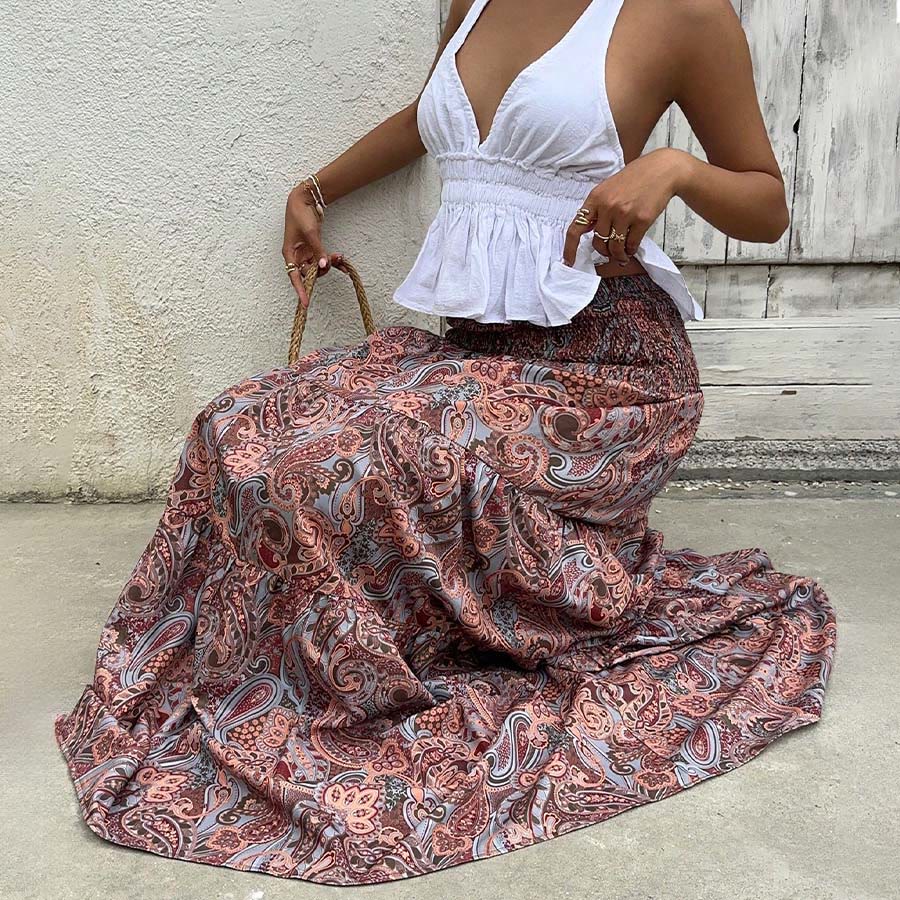 Abito lungo da donna Olivenorma Resort con stampa paisley, vita alta e balze. - image 28