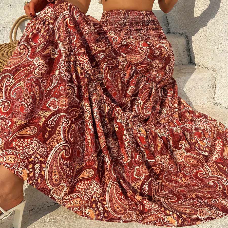 Abito lungo da donna Olivenorma Resort con stampa paisley, vita alta e balze. - image 2