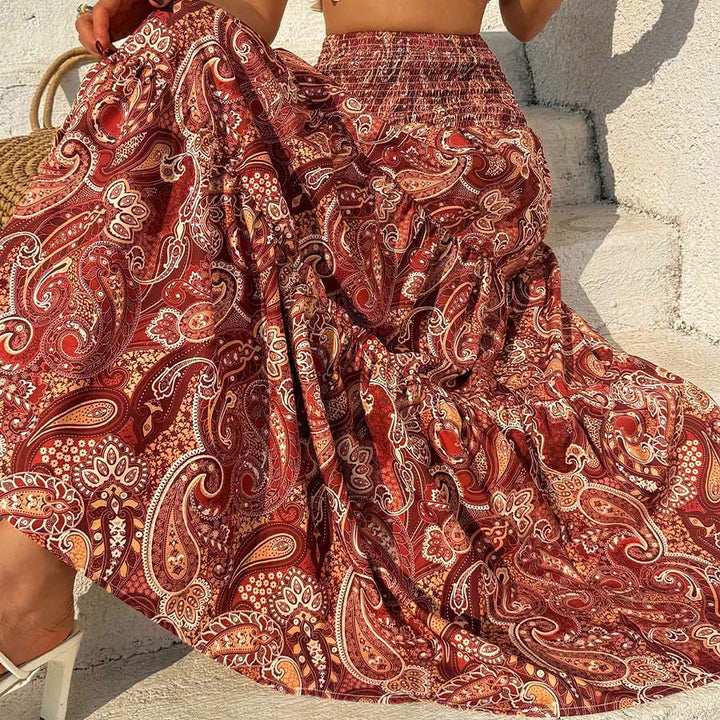 Abito lungo da donna Olivenorma Resort con stampa paisley, vita alta e balze. - image 2