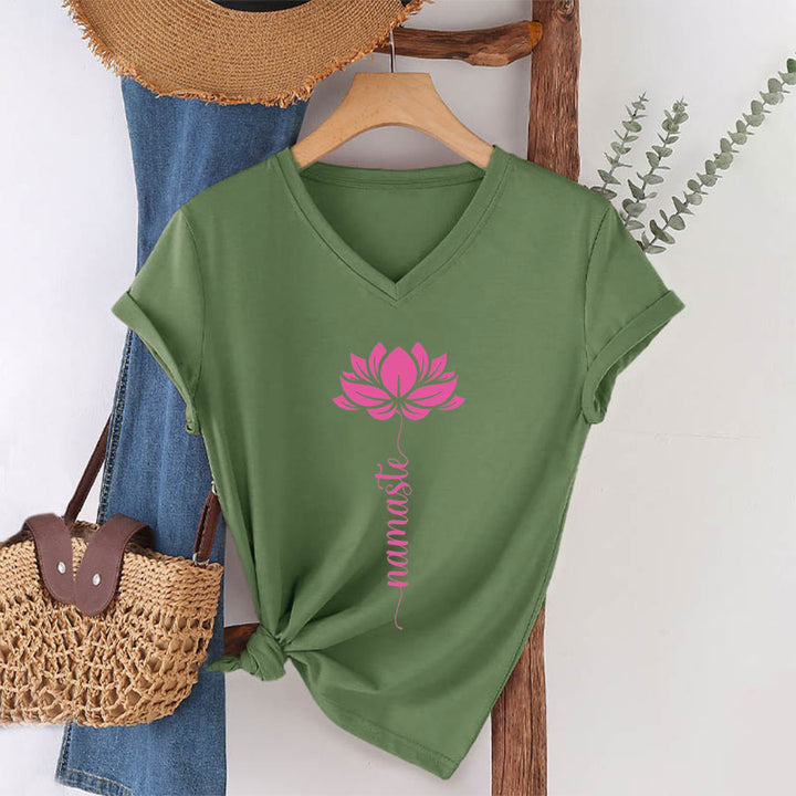 T-shirt Olivenorma Minimal Namaste Lotus Silhouette Print V-Neck - Verde oliva - 2XL - image 21