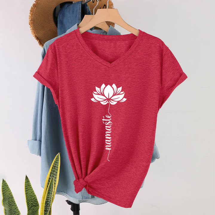T-shirt Olivenorma Minimal Namaste Lotus Silhouette Print V-Neck - Rosso - 2XL - image 36