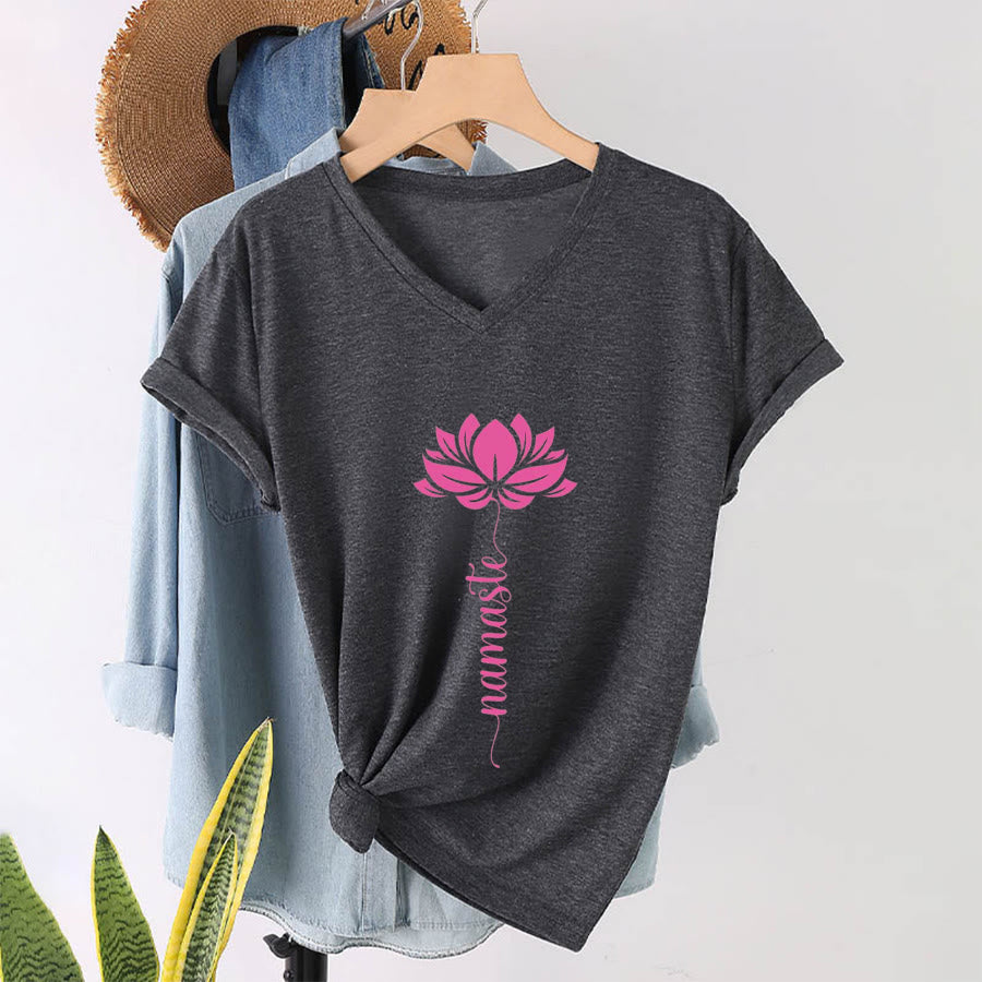 T-shirt Olivenorma Minimal Namaste Lotus Silhouette Print V-Neck - Grigio - 2XL - image 6